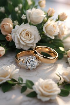 photo two wedding rings lie on a wedding bouquet