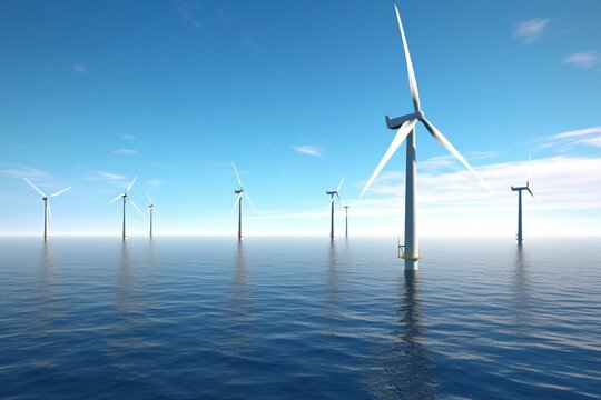 Offshore wind turbines on ocean, sustainable energy, clean power. 8k ultra HD. 3d rendering. Generative AI