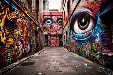 Naklejka premium Colorful graffiti art on display in Hosier Lane, Melbourne. Generative AI