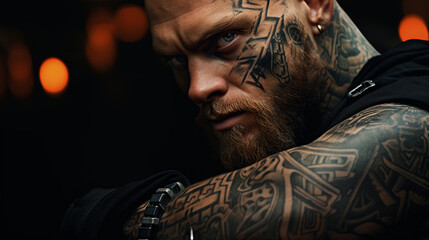 Tattooed man : A Striking Glimpse of a Handsome, Muscular Man's Face and Arm with black tribal tattoos - obrazy, fototapety, plakaty