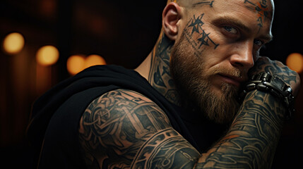 Tattooed man : A Striking Glimpse of a Handsome, Muscular Man's Face and Arm with black tribal tattoos - obrazy, fototapety, plakaty