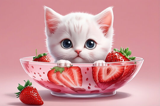 A pink kitten is in a pink bowl with strawberries
animal category