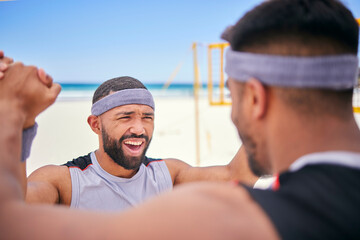 Happy man, volleyball and celebration on beach in winning, victory or match point in fitness,...