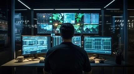 Rear view of an IT specialist programmer sitting in front of a computer screen in a data center. Ai design