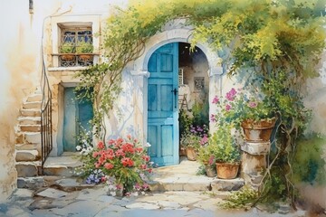 Fototapeta na wymiar An artful depiction of a garden door in Bodrum, Turkey, painted with watercolors on a vintage paper. Generative AI