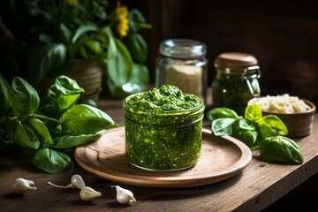 Pesto made with fresh wild garlic leaves. Generative AI