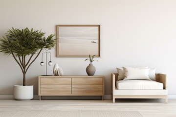 Wall-mounted mockup, commode, plant, and decor create a serene coastal living room. Generative AI