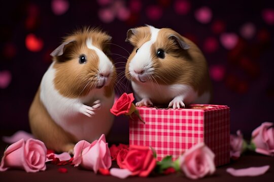 Two love-struck guinea pigs for Valentine's Day. Generative AI