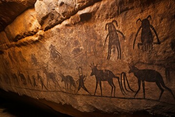 Petroglyphs of legendary beasts etched into cave wall. Generative AI