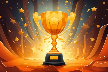 Illustration depicting first prize with gold trophy and stars confetti. Generative AI