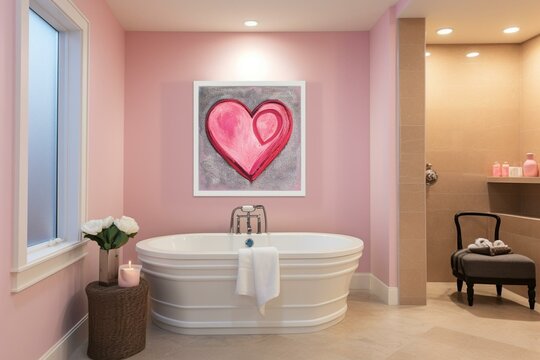 Bathroom with pink tub and artwork featuring a large heart on the wall. Generative AI