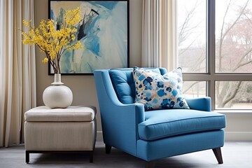 Imagine a vibrant living room featuring a stylish blue accent chair and a lively atmosphere of spring. Generative AI