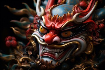 Japanese hannya mask in the background. Generative AI