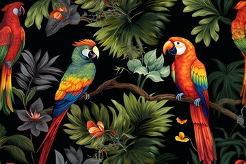 Seamless pattern featuring birds in a lush jungle. Generative AI