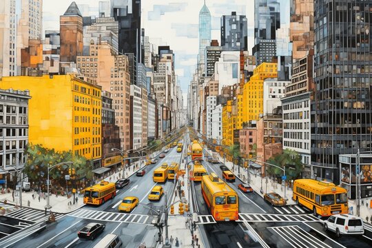 Aerial perspective of NYC buildings, cityscape, traffic, yellow cabs, infrastructure. Generative AI