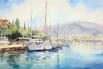 Fototapeta na wymiar Watercolor yachts in Bodrum harbor, port, and sea bay. Aegean coast town illustration, traditional painting. Generative AI