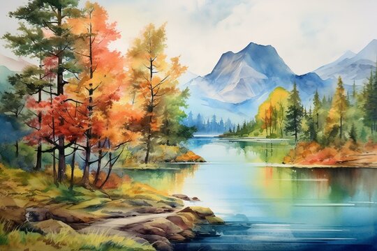 Vibrant watercolor painting of a lakeside landscape encompassing mountains and lush trees. Generative AI