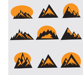 Set of various vector mountains on the sunset background. Mountain icons, logo design elements and logotype templates isolated on white background