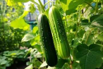 Healthy cucumber growing abundantly amidst lush plants in a backyard. Generative AI
