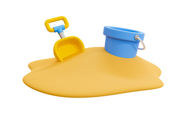 3d minimal summer vacation. summer travel. sand with sand shovel and bucket. 3d illustration.