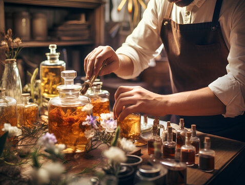 Collection of fragrances, perfumes, cosmetics and delicate flowers - master perfumers