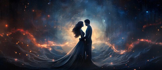 a couple in a wedding gown looking at the stars