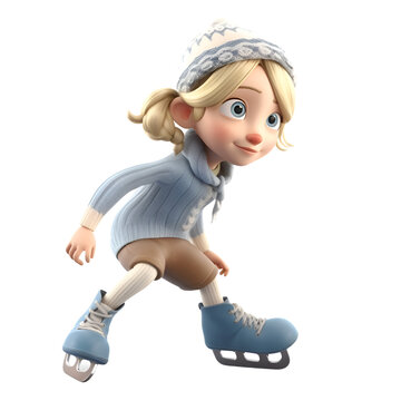 3D rendering of a cute cartoon girl with ice skates isolated on white background