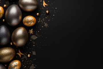 Easter eggs theme black and golden banner design with copy space and decorated eggs on the border