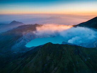 Aerial view of mount Kawah Ijen volcano crater at sunrise, East Java, Indonesia - 638541756