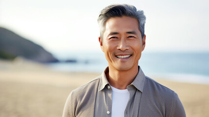 happy asian man on the beach