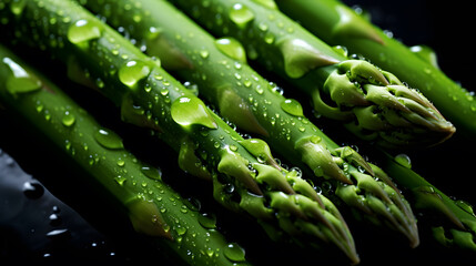 Green asparagus stems on dark background