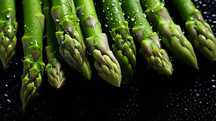 Green asparagus stems on dark background - obrazy, fototapety, plakaty
