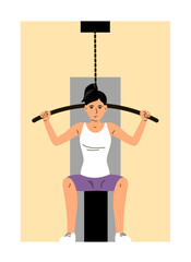 Young woman doing exercises on a sports simulator. Body training and strengthening. Sport, therapy and recovery. Flat vector illustration