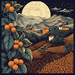 Coffee plantation illustration. Beautiful landscape