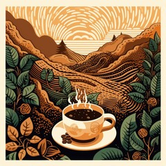 Coffee plantation illustration. Beautiful landscape