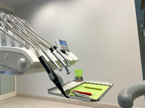 able of instruments of a dentist in preparations before a dental intervention in a dental clinic