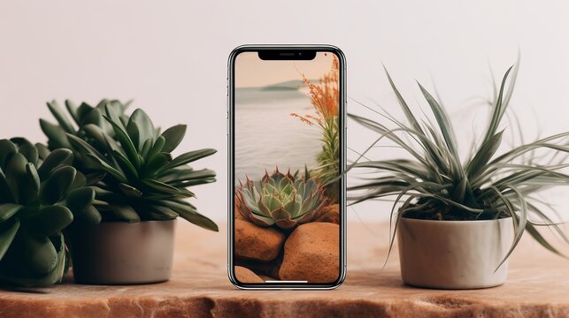Mockup smartphone with a wallpaper showcasing nature elements. AI generated