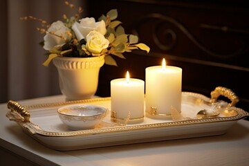 Fototapeta na wymiar Elegant white tray decor, candlelit home interior adornment. Generative AI