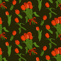 Flat vector bunch of red tulips seamless pattern. Bouquet of flowers with red ribbon and separate flowers on dark background. Ideal for wrapping paper, background, wallpaper, textile, banner