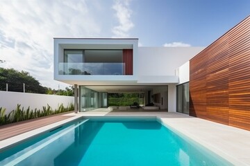 Fototapeta na wymiar Modern home with pool in luxurious setting. Generative AI