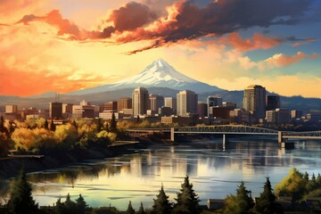 Naklejka premium View of the cityscape of Portland, Oregon. Generative AI
