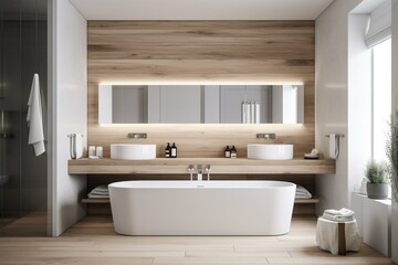 Fototapeta na wymiar Modern bathroom with a white tub and wooden double sink. Generative AI