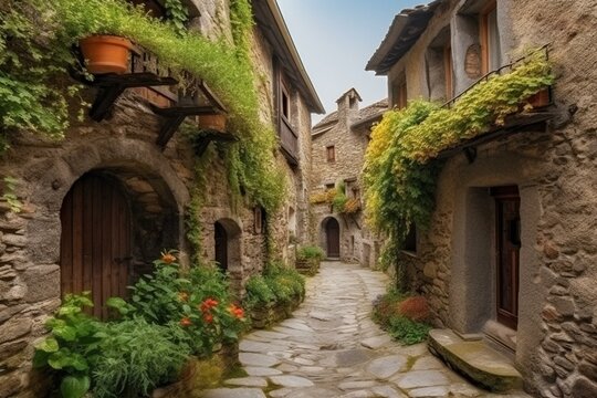 Scenic ancient European village with enchanting medieval dwellings. Generative AI