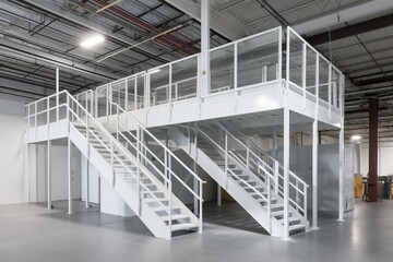 An independent industrial mezzanine in white with temporary design, stairs, and equipment. Generative AI - obrazy, fototapety, plakaty
