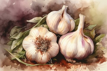 An artistic painting of garlic made using watercolors. Generative AI
