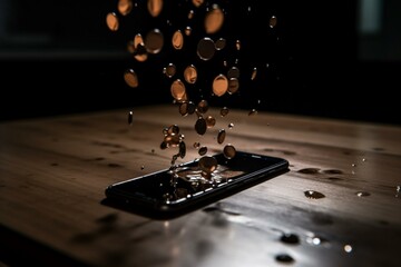 Coins dropping onto smartphone on a tabletop. Generative AI