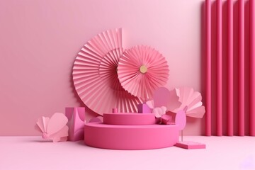 Mockup of a pink stage decorated with Asian-style paper fan hearts and a single cylinder podium for Valentine's Day cosmetic product presentation. Generative AI