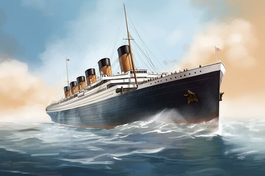 Daytime illustration of Titanic ship at sea. Generative AI