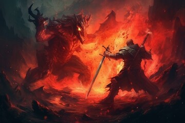 Epic battle between a knight and lava demon in hell, in digital painting art style. Generative AI