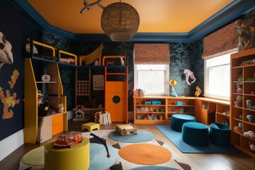 A chaotic themed playroom designed for children. Generative AI